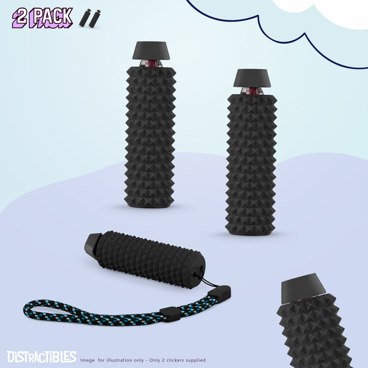 Spike Roller Clicker, Tactile Pain Stimming Fidget with Clicker Switch, Pain Stimulation Roller with Lanyard (2 Pack Black)