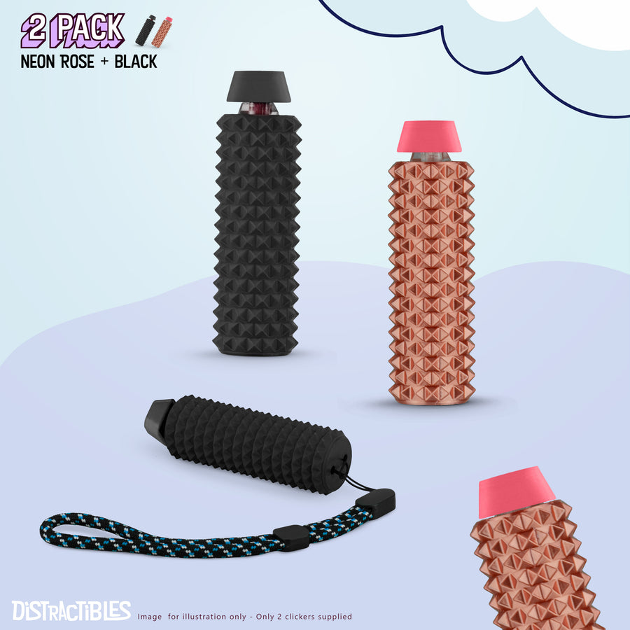 Spike Roller Clicker, Tactile Pain Stimming Fidget with Clicker Switch, Pain Stimulation Roller with Lanyard (Neon Rose + Black)