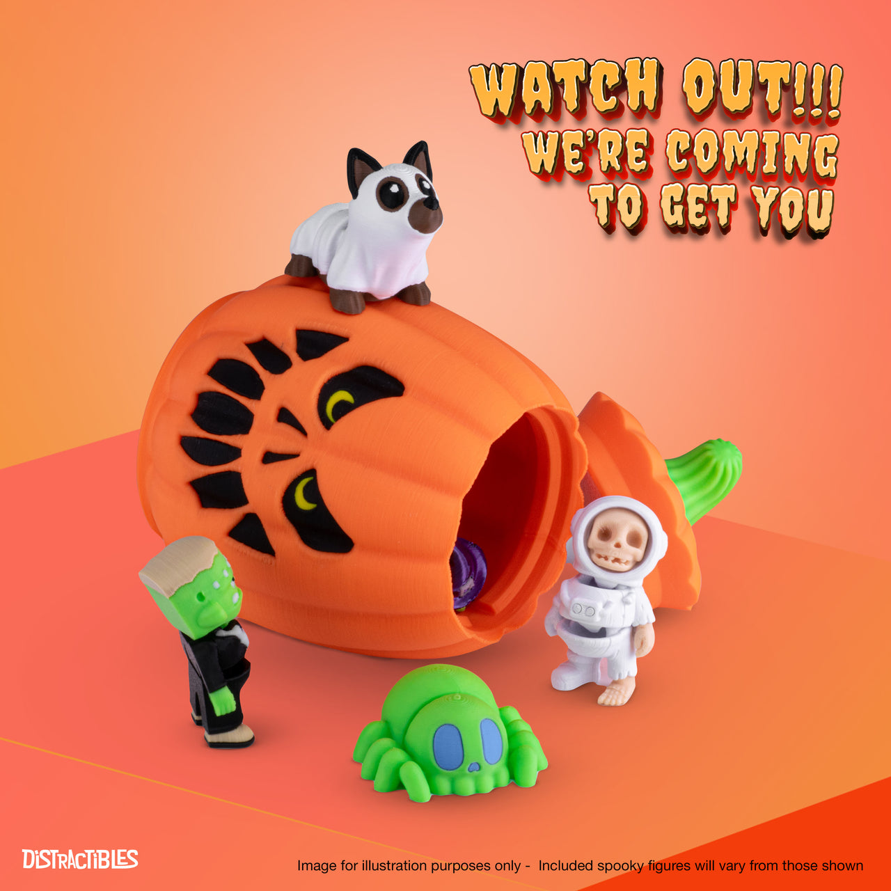 Halloween Mystery Box, 10 Articulated Spooky Figures with Pumpkin Container, Random Figures and Mystery Removeable Pumpkin Lid