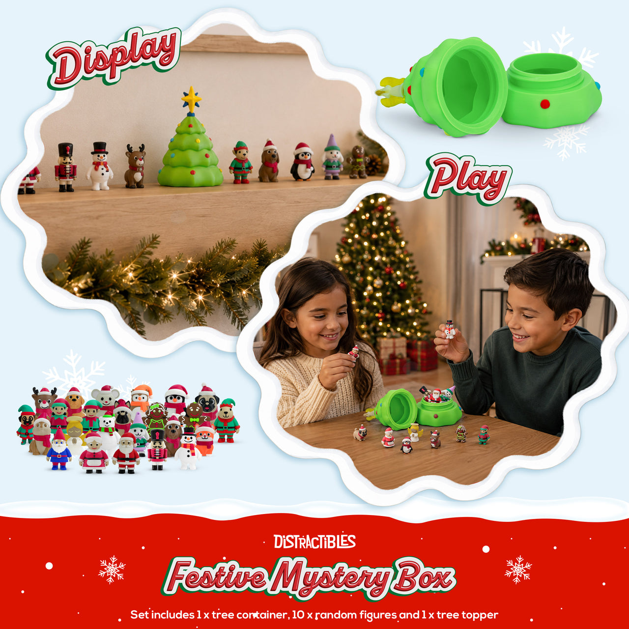 Distractibles Christmas Tree Mystery Box, 10 Articulated Festive Figures with Christmas Tree Container, Random Tree Topper with Removeable Tree Lid