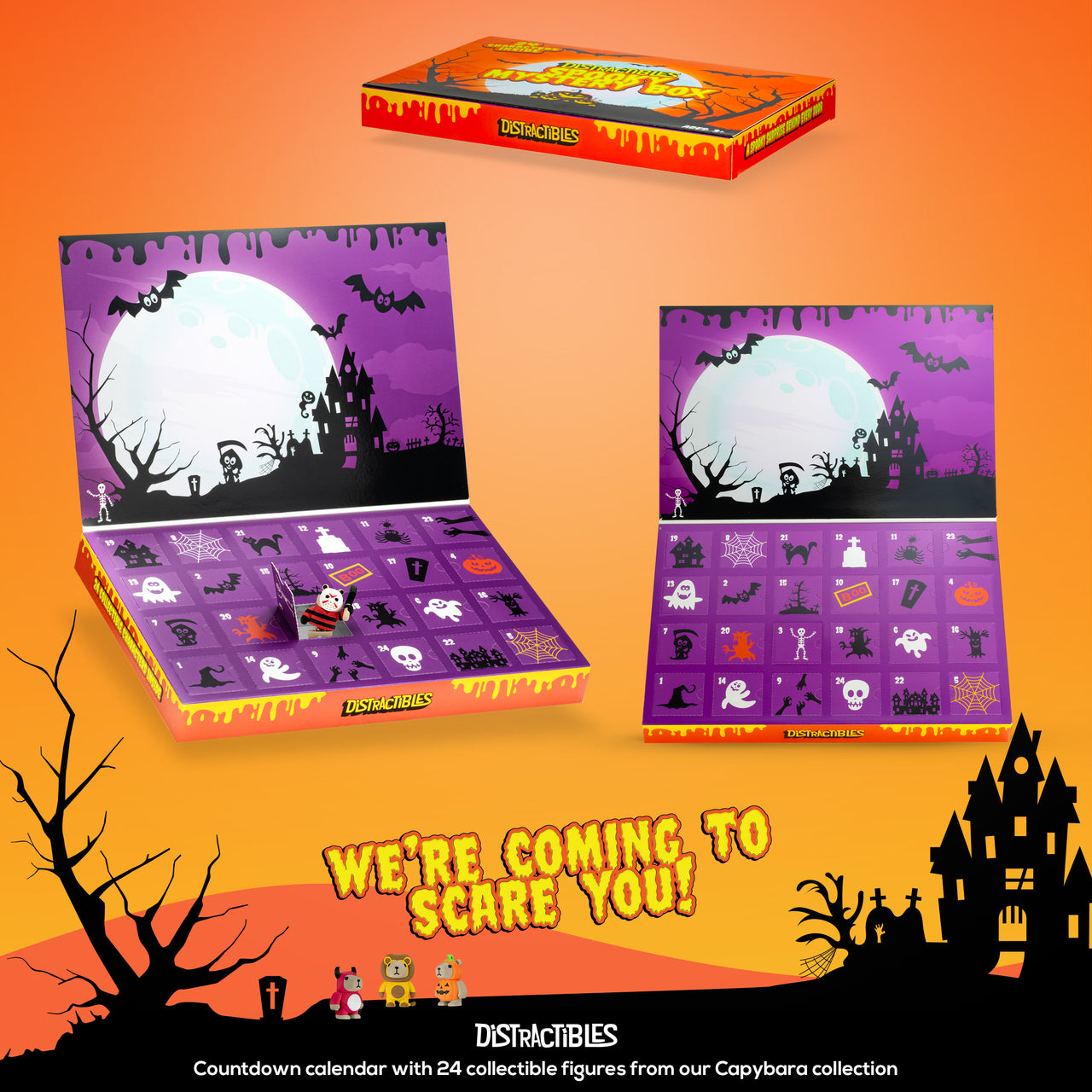 Distractibles Spooky Capy Mystery Box, 24 Articulated Costumed Capybara Figures, 24 days Countdown Advent Calendar