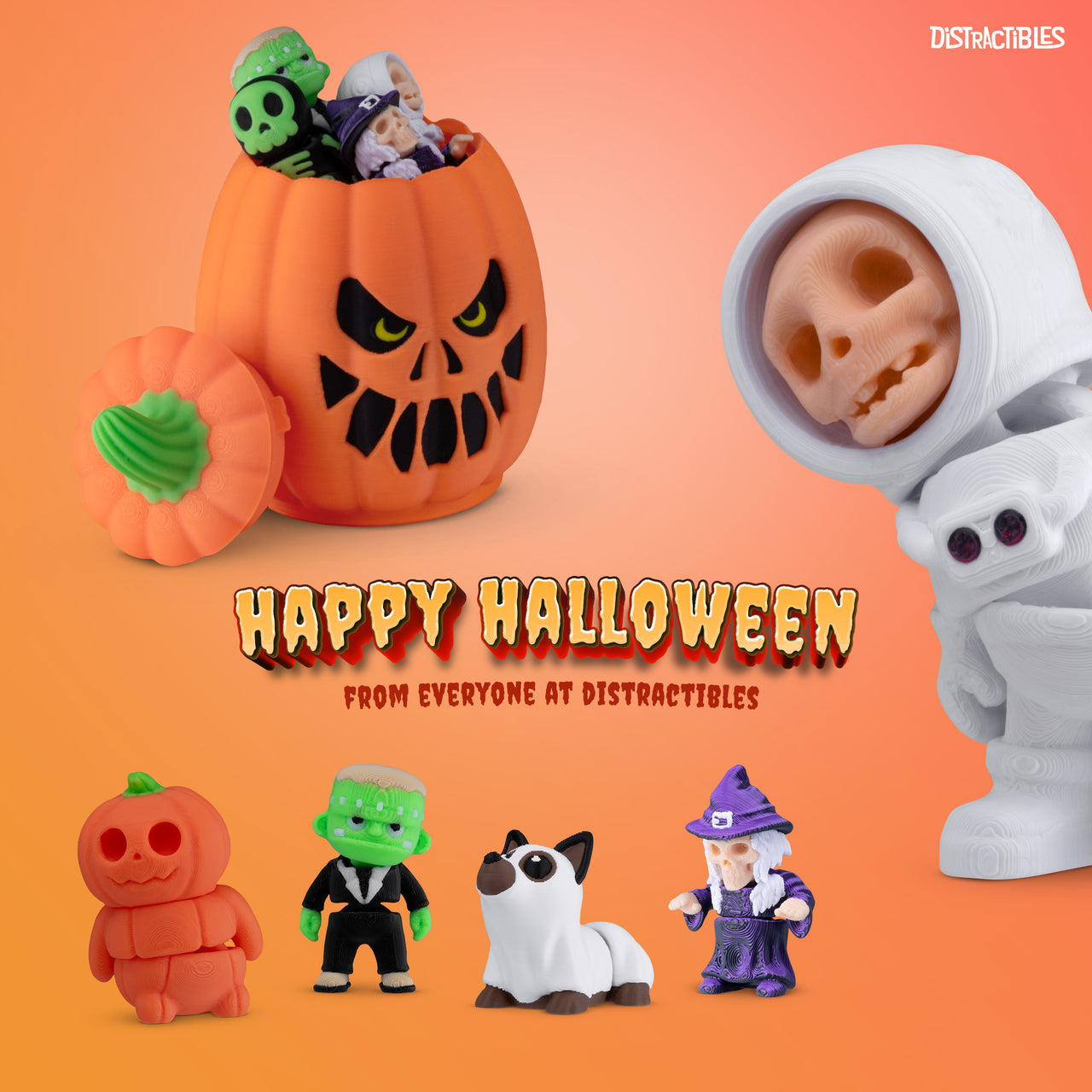 Halloween Mystery Box, 10 Articulated Spooky Figures with Pumpkin Container, Random Figures and Mystery Removeable Pumpkin Lid