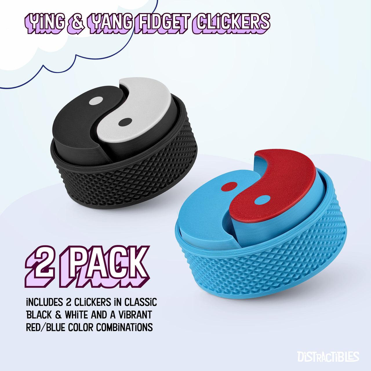 Yin Yang Fidget Clicker Toy with Satisfying Click, 2-Pack with Lanyard, Black and Blue, Reduce Stress & Anxiety